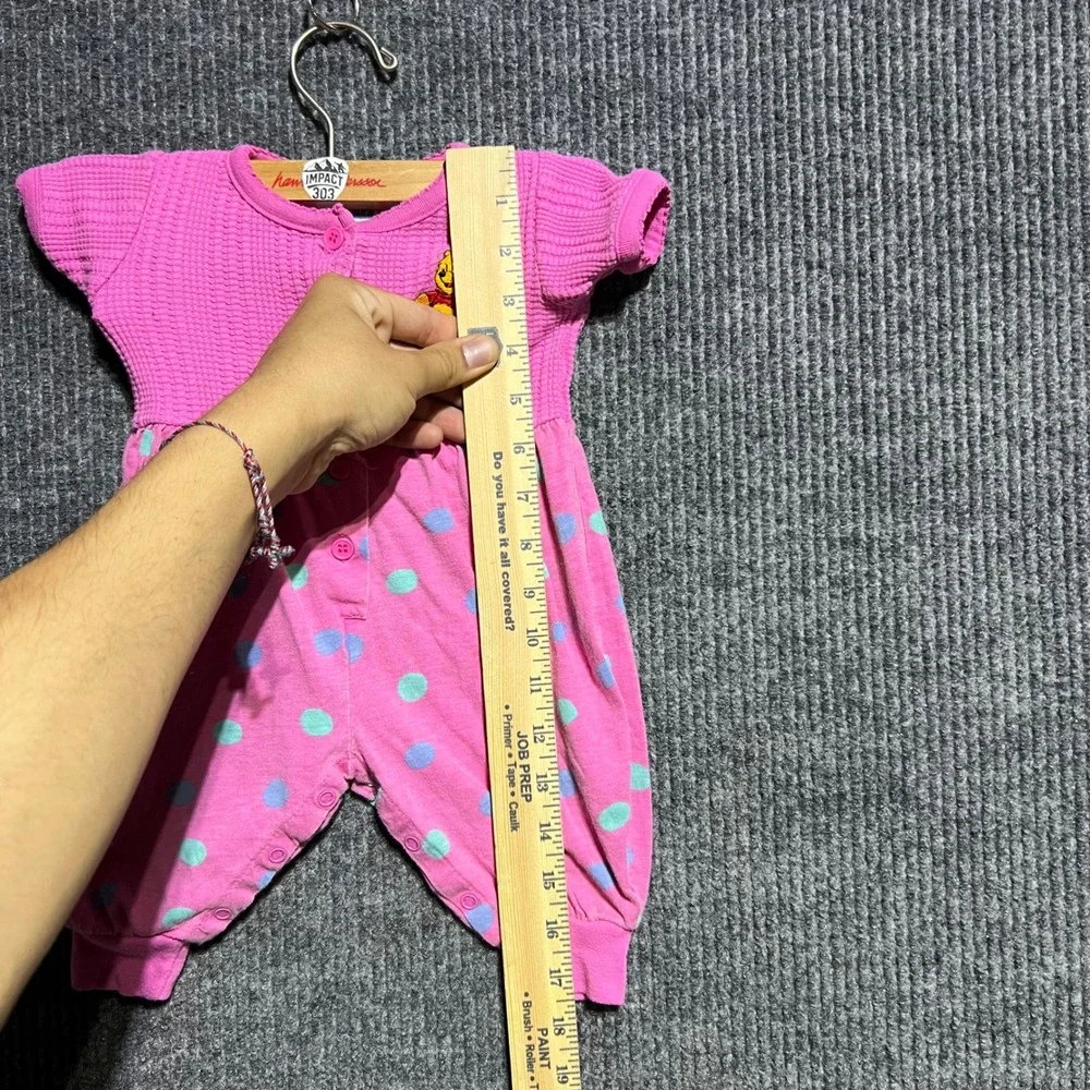 Vintage Winnie The Pooh Romper Kids 9M Pink Polka Dot Waffle Knit Embroidered